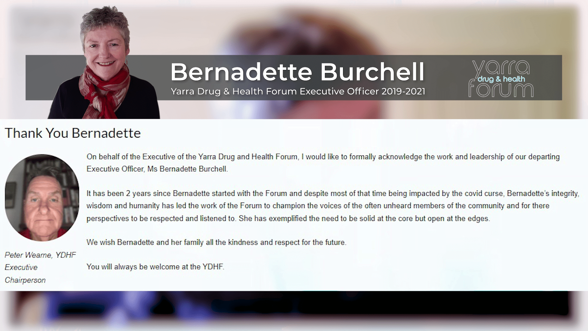 Farewell And Thank You Bernadette Burchell